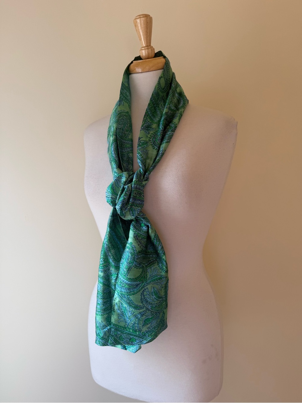 Vintage Silk Paisley Scarf Green Blue Boho Head Wrap